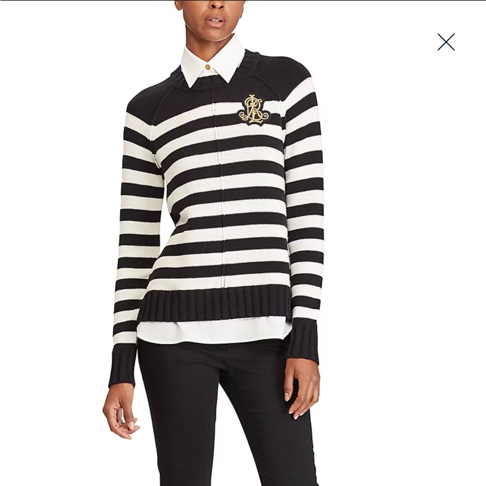 Ralph Lauren Polo Black & Cream Striped Layered Bullion Patched Sweater Size PL - Picture 16 of 17